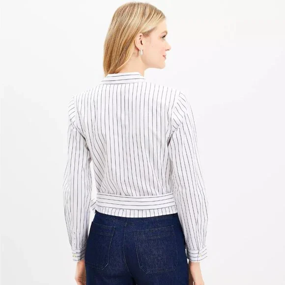 Ann Taylor Loft Striped Cotton Blend Side Wrap Blouse | NWT | XS | White Black - Picture 2 of 7